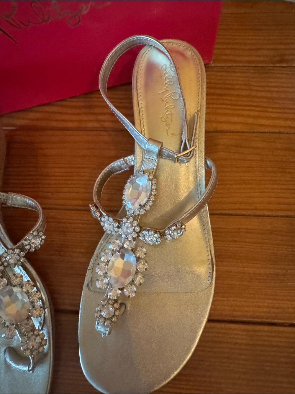 Lilly Pulitzer Gold Jeweled T-Strap Wedge Sandals - Picture 7 of 7